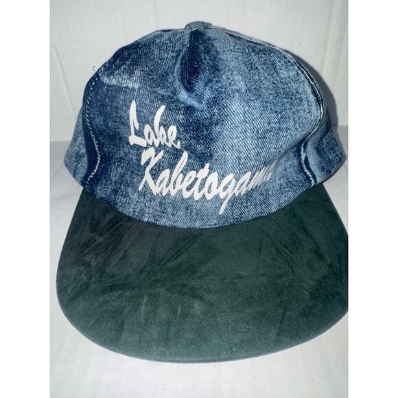 Vintage 80s Lake Kabetogama Minnesota Acid Wash Denim Suede Baseball Cap Hat - Picture 1 of 4